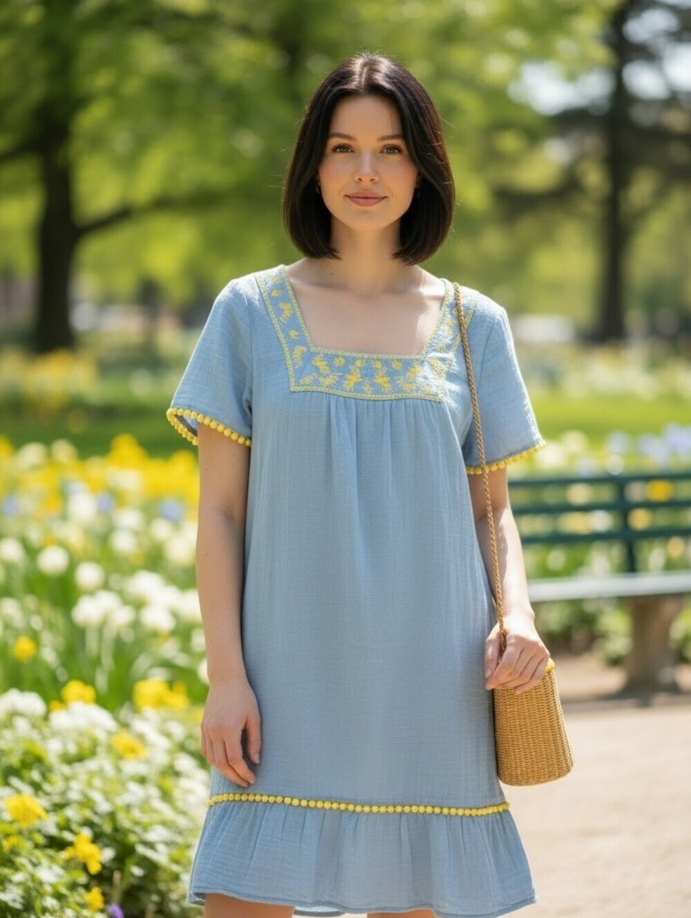 BODEN BERNADETTE EMBROIDERED COTTON DRESS SOFT BLUE WITH YELLOW DESIGN WOMENS 2 - Picture 12 of 12
